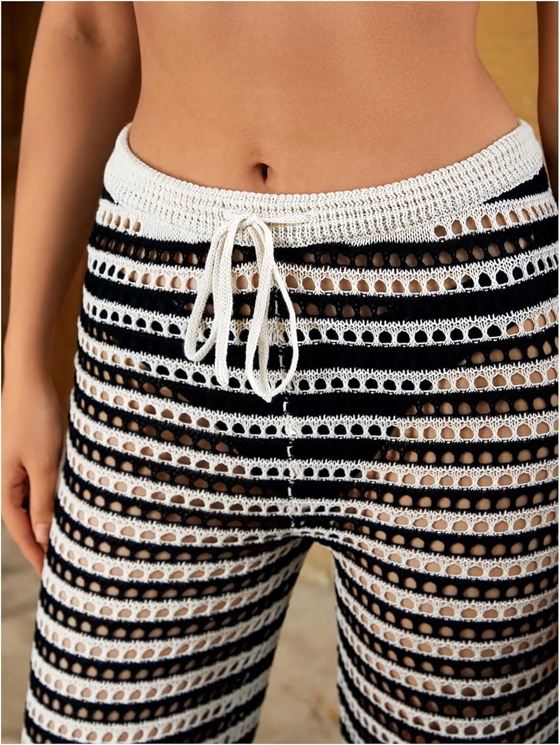 Verdusa Women's Hollow Out Crochet Knit Striped High Waist Swimwear Cover Up Pants