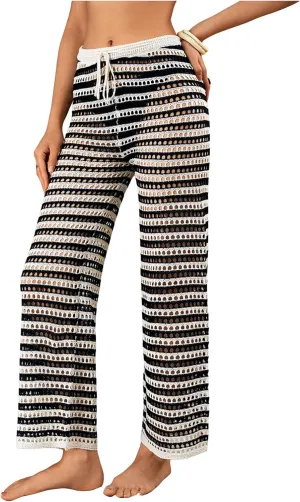 Verdusa Women's Hollow Out Crochet Knit Striped High Waist Swimwear Cover Up Pants