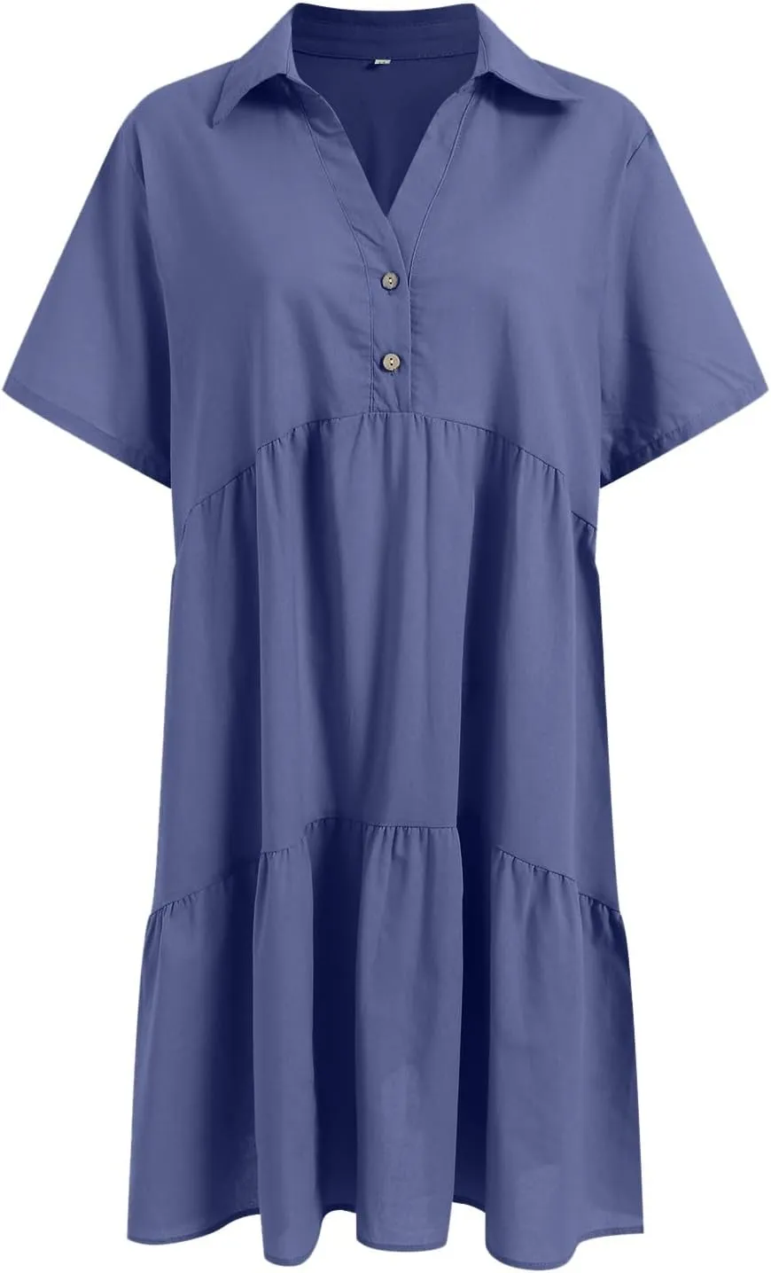 Women Summer Dresses Ruffle Sleeve Casual V Neck Swing Button Down Midi Dress with Pockets