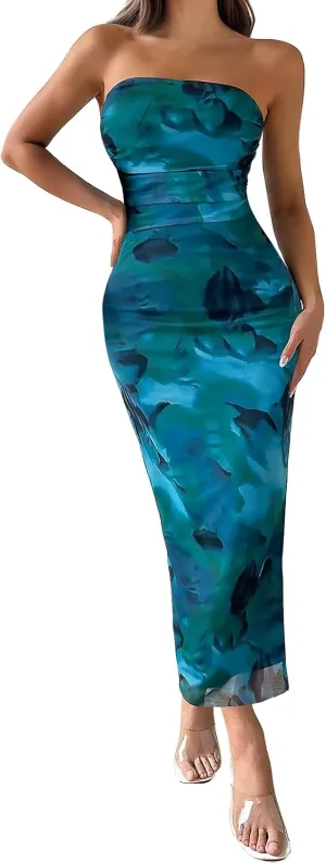 Womens 2025 Strapless Maxi Dress Sexy Printed Slip Side Tube Top Bodycon Long Dress Elegant Formal Cocktail Outfits