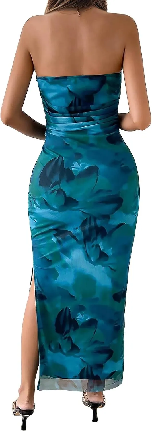 Womens 2025 Strapless Maxi Dress Sexy Printed Slip Side Tube Top Bodycon Long Dress Elegant Formal Cocktail Outfits