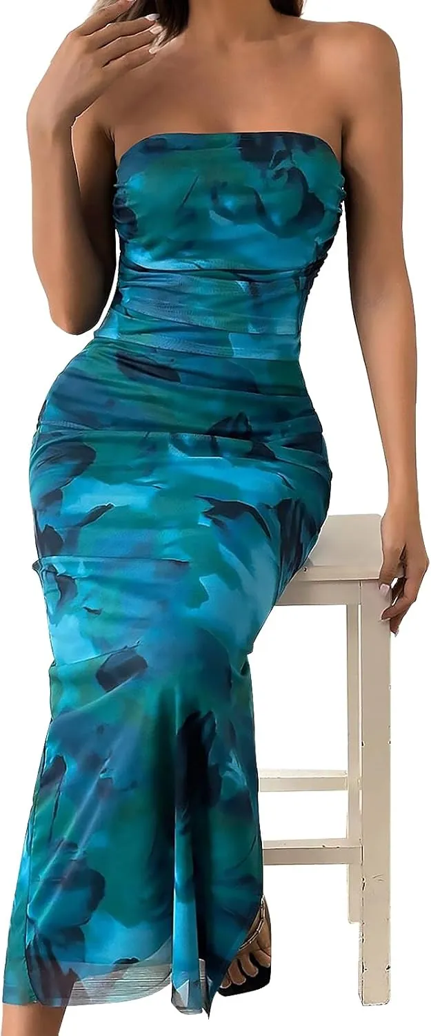 Womens 2025 Strapless Maxi Dress Sexy Printed Slip Side Tube Top Bodycon Long Dress Elegant Formal Cocktail Outfits