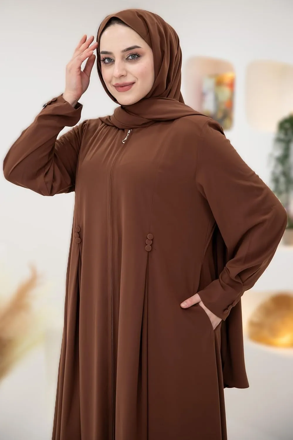 Women's Abaya - Turkish Islamic Maxi Dress, Long Sleeve with Zipper Front - Elegant, and Perfect for Prayer.