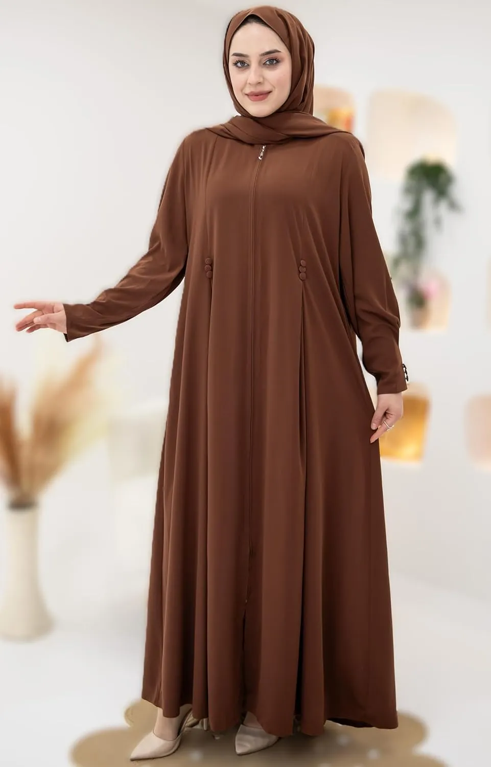 Women's Abaya - Turkish Islamic Maxi Dress, Long Sleeve with Zipper Front - Elegant, and Perfect for Prayer.