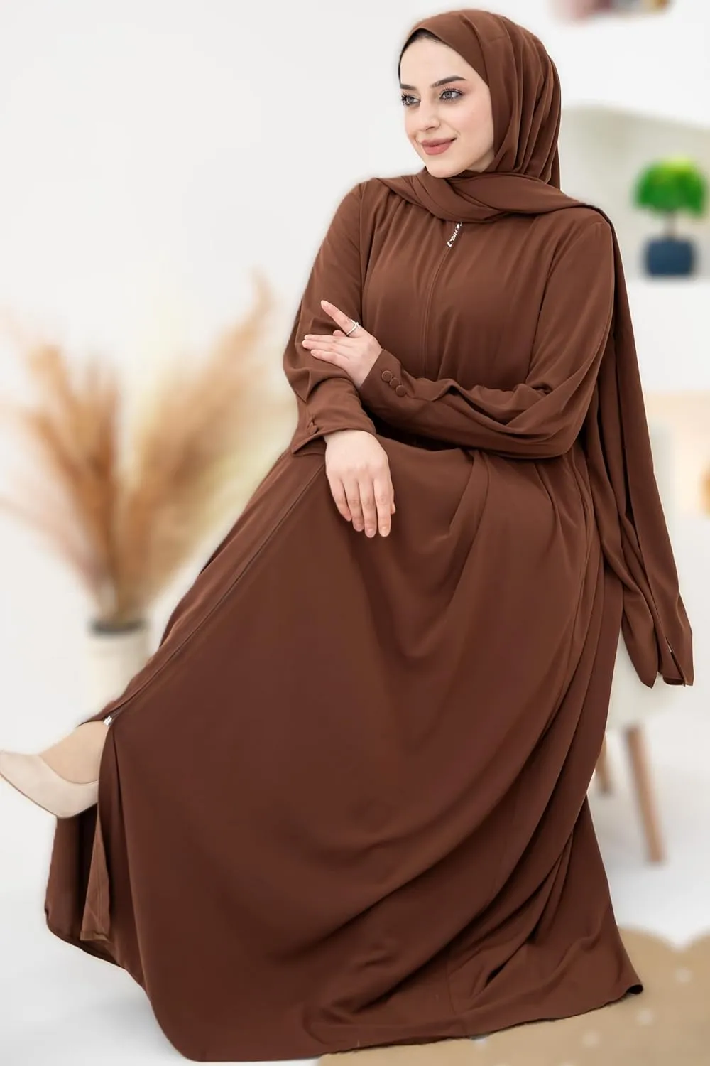Women's Abaya - Turkish Islamic Maxi Dress, Long Sleeve with Zipper Front - Elegant, and Perfect for Prayer.