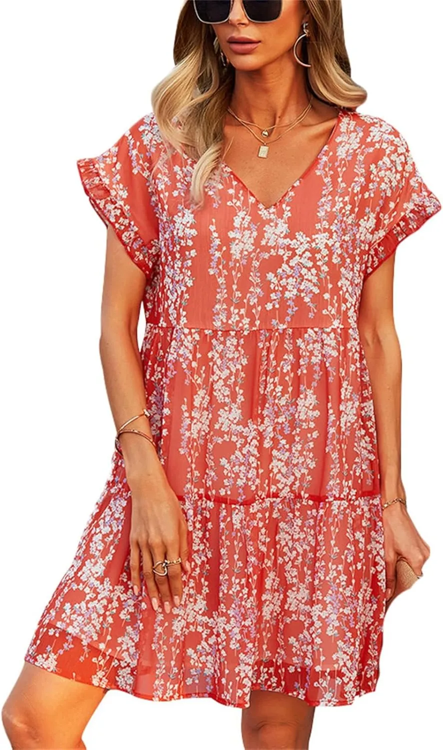 Women's Floral Mini Dress Casual Ruffle Sleeve V Neck Flowy Pleated Babydoll T-Shirt Dress Sundress