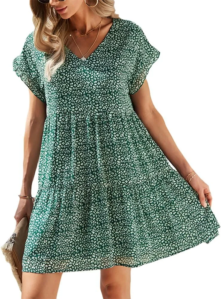 Women's Floral Mini Dress Casual Ruffle Sleeve V Neck Flowy Pleated Babydoll T-Shirt Dress Sundress