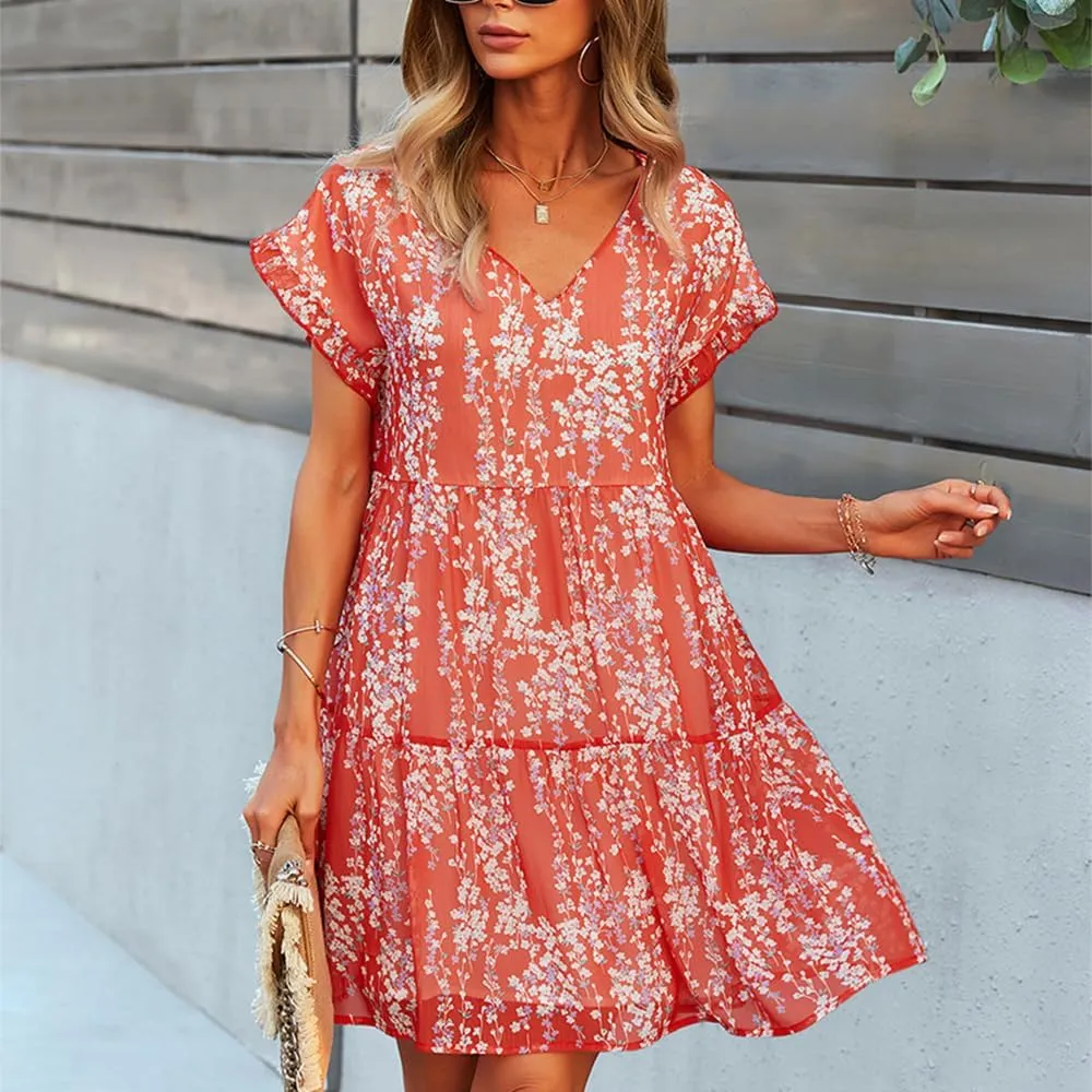 Women's Floral Mini Dress Casual Ruffle Sleeve V Neck Flowy Pleated Babydoll T-Shirt Dress Sundress