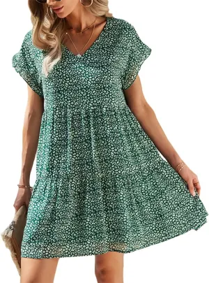 Women's Floral Mini Dress Casual Ruffle Sleeve V Neck Flowy Pleated Babydoll T-Shirt Dress Sundress