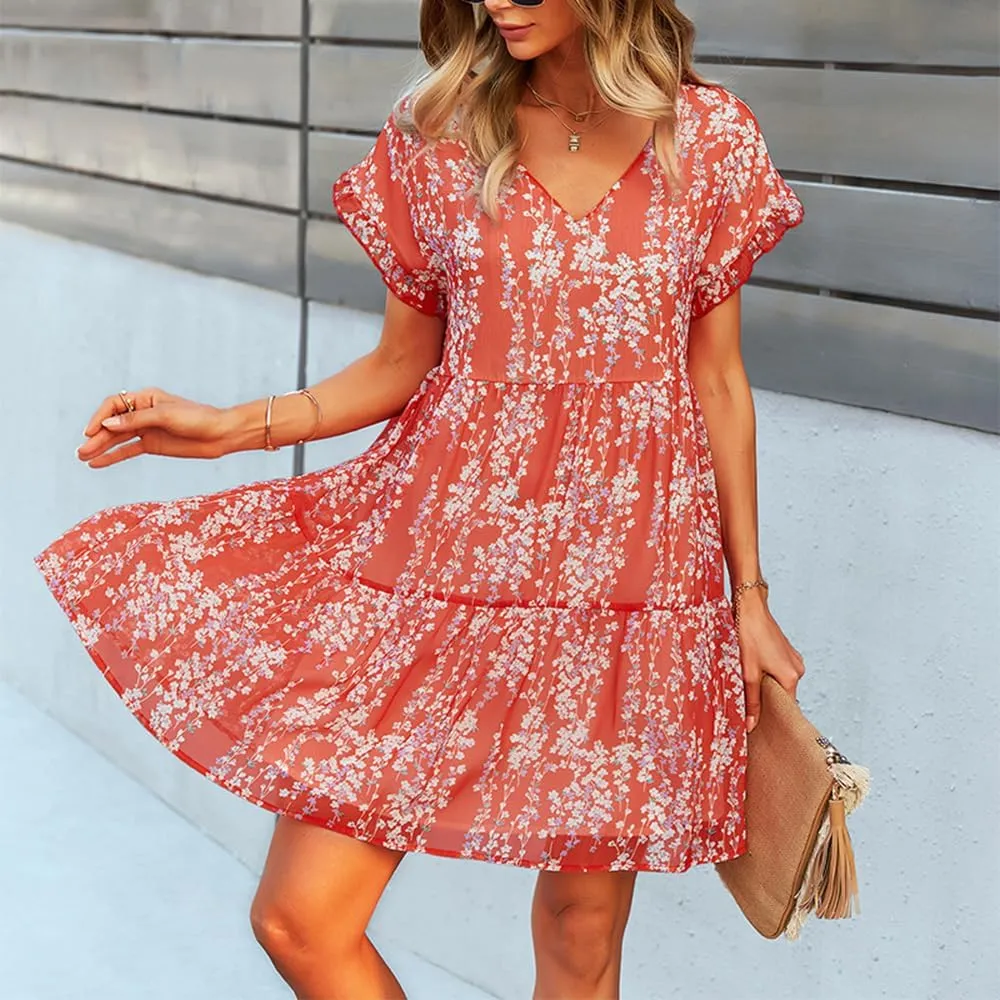 Women's Floral Mini Dress Casual Ruffle Sleeve V Neck Flowy Pleated Babydoll T-Shirt Dress Sundress