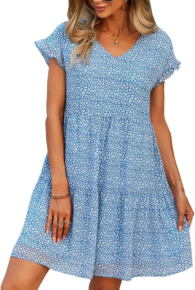 Women's Floral Mini Dress Casual Ruffle Sleeve V Neck Flowy Pleated Babydoll T-Shirt Dress Sundress