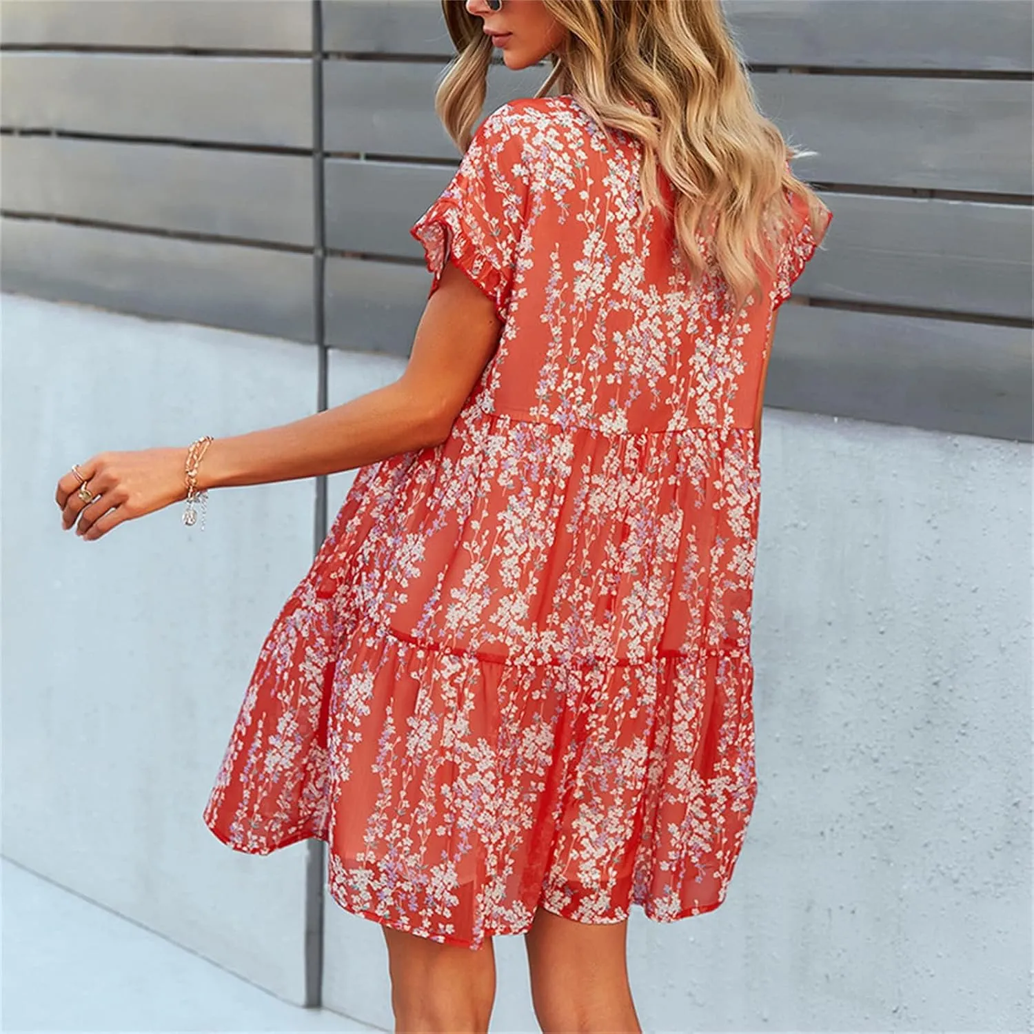Women's Floral Mini Dress Casual Ruffle Sleeve V Neck Flowy Pleated Babydoll T-Shirt Dress Sundress