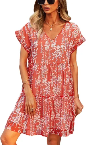 Women's Floral Mini Dress Casual Ruffle Sleeve V Neck Flowy Pleated Babydoll T-Shirt Dress Sundress