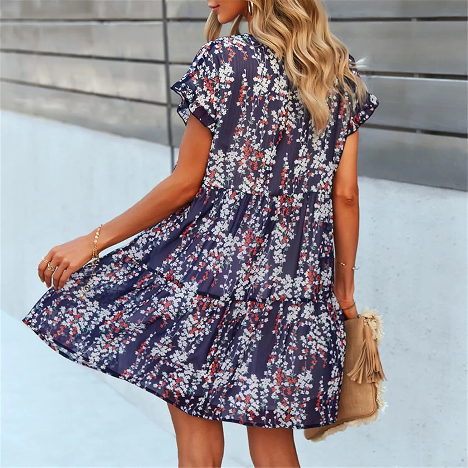 Women's Floral Mini Dress Casual Ruffle Sleeve V Neck Flowy Pleated Babydoll T-Shirt Dress Sundress