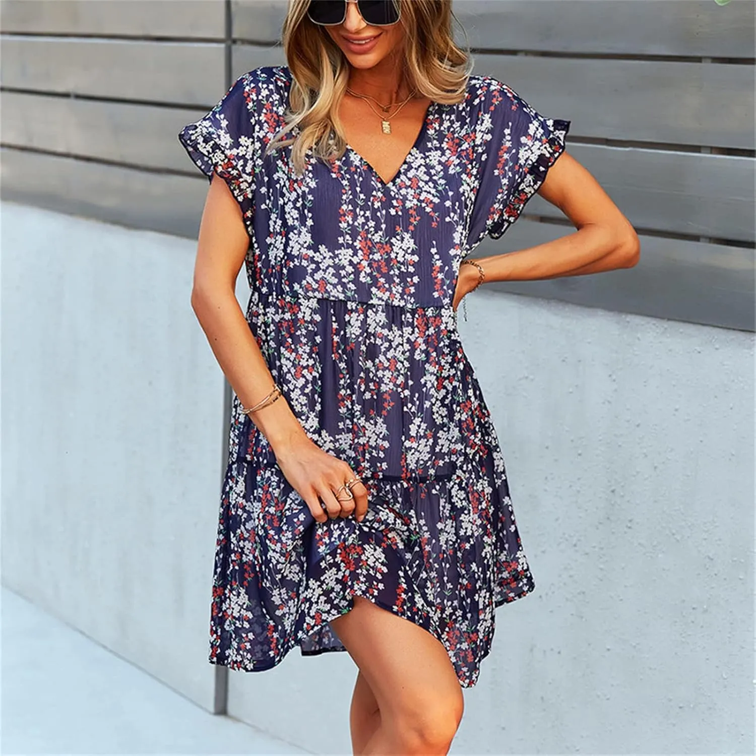Women's Floral Mini Dress Casual Ruffle Sleeve V Neck Flowy Pleated Babydoll T-Shirt Dress Sundress