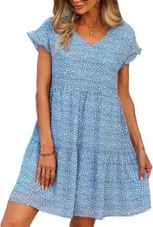 Women's Floral Mini Dress Casual Ruffle Sleeve V Neck Flowy Pleated Babydoll T-Shirt Dress Sundress