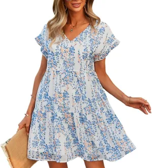 Women's Floral Mini Dress Casual Ruffle Sleeve V Neck Flowy Pleated Babydoll T-Shirt Dress Sundress
