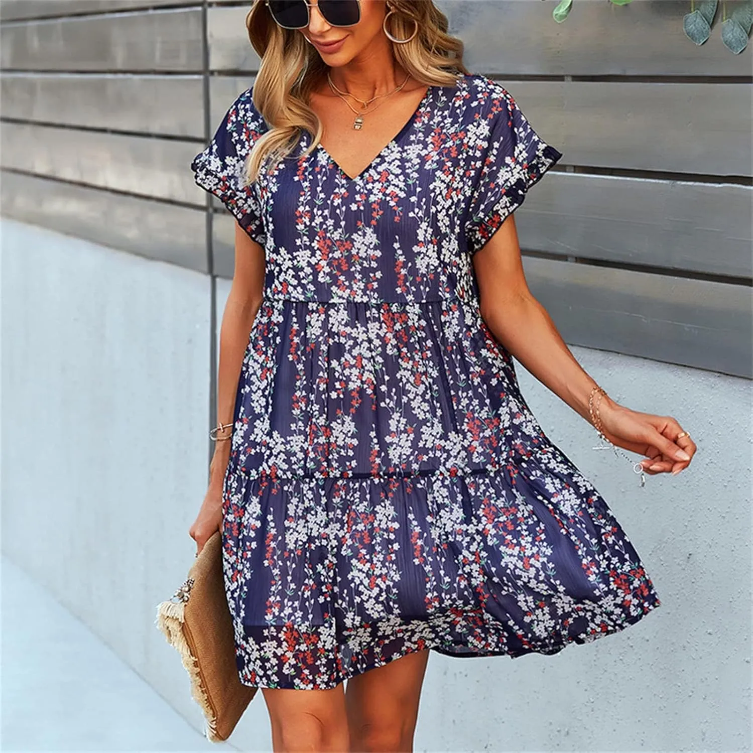 Women's Floral Mini Dress Casual Ruffle Sleeve V Neck Flowy Pleated Babydoll T-Shirt Dress Sundress