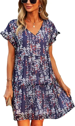 Women's Floral Mini Dress Casual Ruffle Sleeve V Neck Flowy Pleated Babydoll T-Shirt Dress Sundress