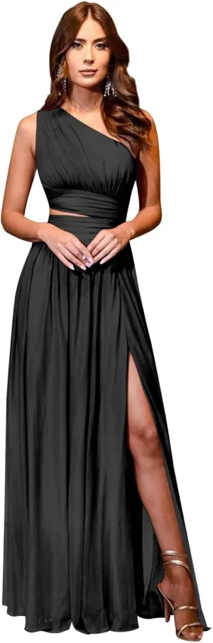 Women's One Shoulder Prom Dresses with Slit Cutout Ruched Birdsmaid Dresses Long Formal Dress with Pockets AN150