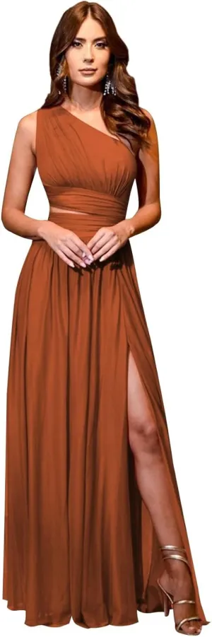Women's One Shoulder Prom Dresses with Slit Cutout Ruched Birdsmaid Dresses Long Formal Dress with Pockets AN150