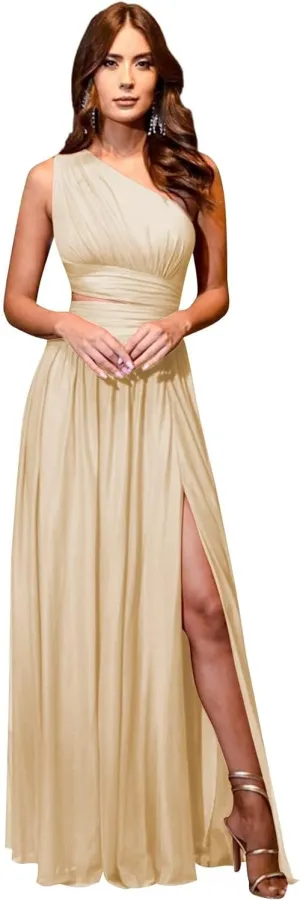 Women's One Shoulder Prom Dresses with Slit Cutout Ruched Birdsmaid Dresses Long Formal Dress with Pockets AN150