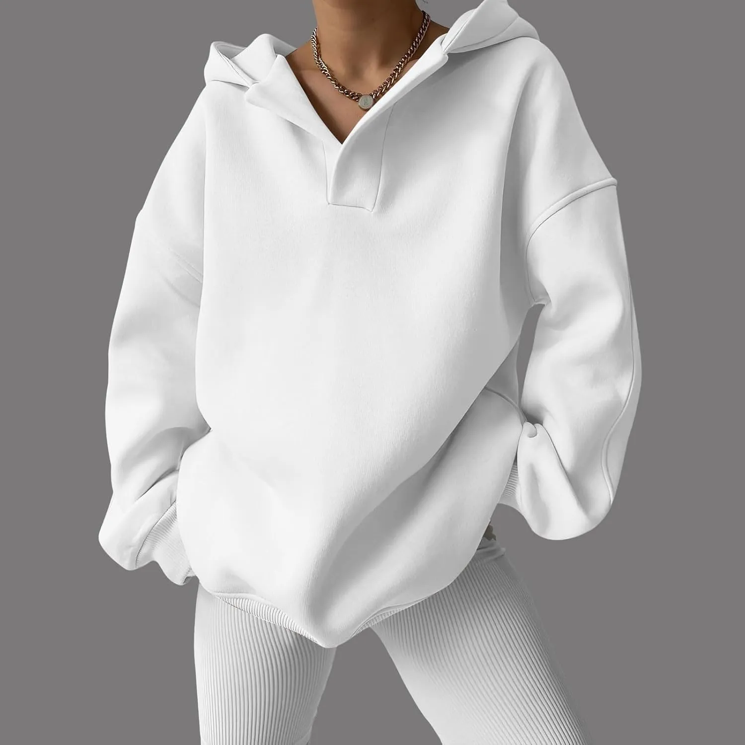 Womens Oversized Hoodies V Neck Sweatshirts Casual Oversized Long Sleeve Fleece Tops Comfy Preppy Hooded Pullovers