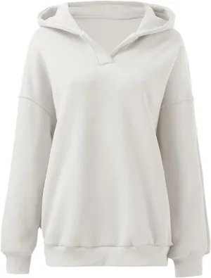 Womens Oversized Hoodies V Neck Sweatshirts Casual Oversized Long Sleeve Fleece Tops Comfy Preppy Hooded Pullovers