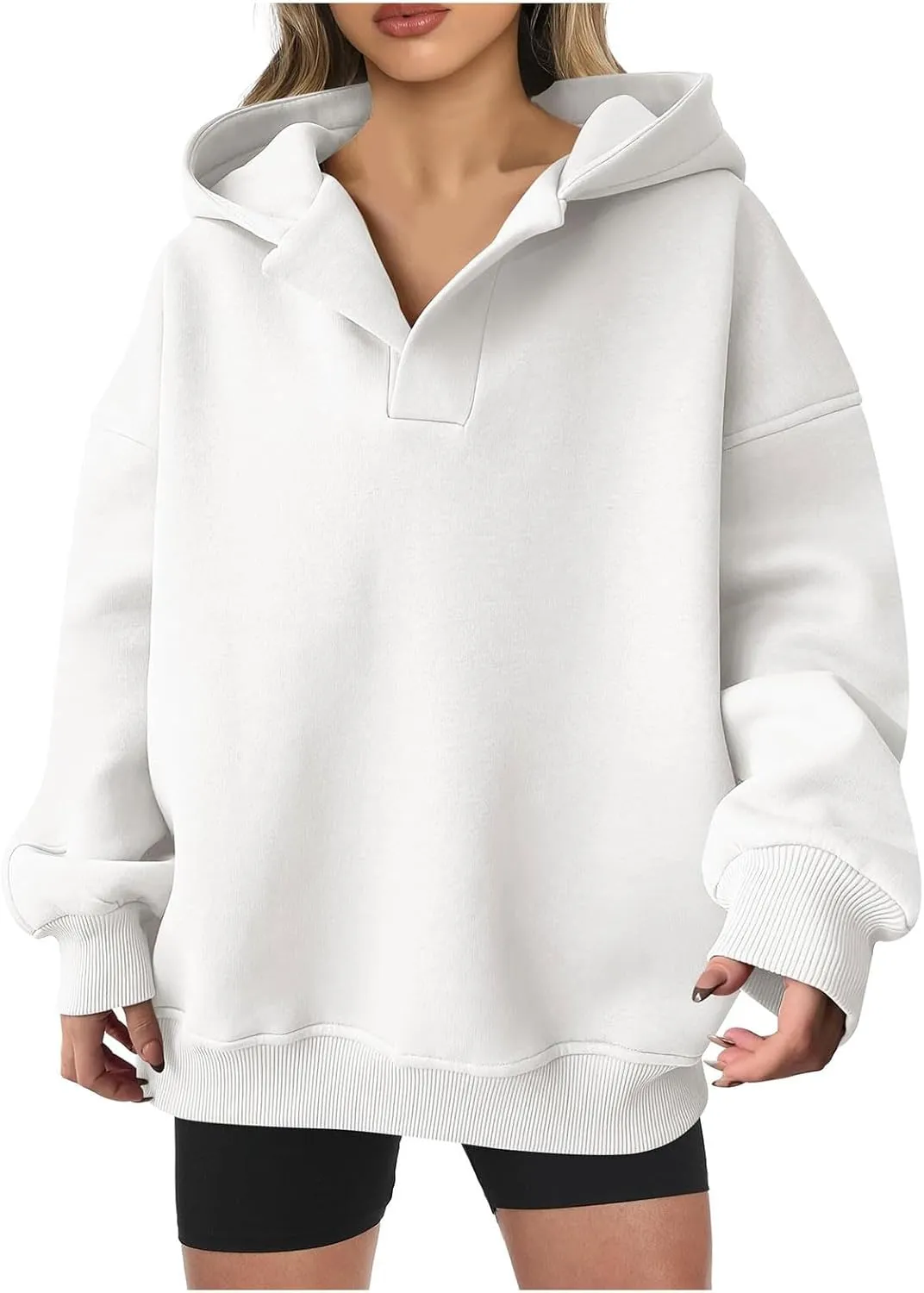Womens Oversized Hoodies V Neck Sweatshirts Casual Oversized Long Sleeve Fleece Tops Comfy Preppy Hooded Pullovers