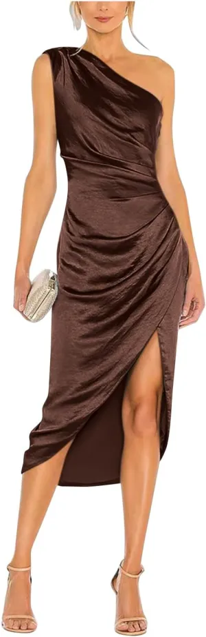 Women's Satin Formal Evening Dresses One Shoulder Wedding Guest Dress Ruched Midi Cocktail Gown with Slit Plus Size 20W Brown