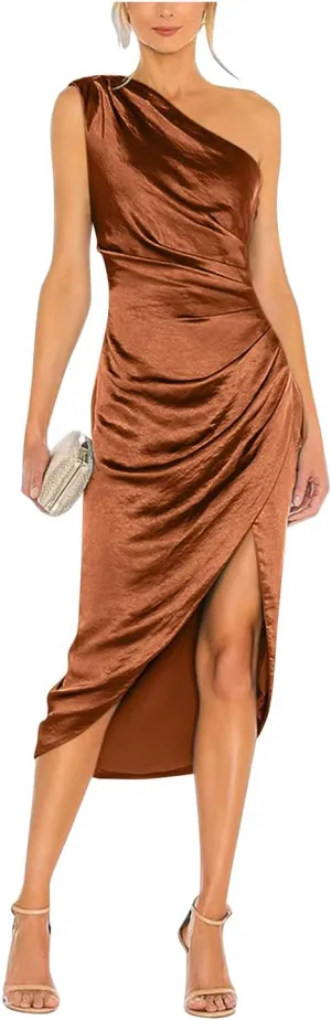 Women's Satin Formal Evening Dresses One Shoulder Wedding Guest Dress Ruched Midi Cocktail Gown with Slit RDX-FE1007