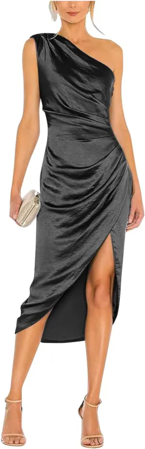 Women's Satin Formal Evening Dresses One Shoulder Wedding Guest Dress Ruched Midi Cocktail Gown with Slit RDX-FE1007