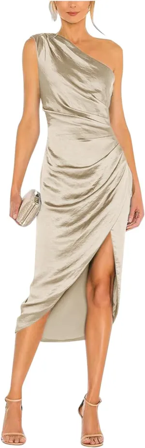 Women's Satin Formal Evening Dresses One Shoulder Wedding Guest Dress Ruched Midi Cocktail Gown with Slit RDX-FE1007