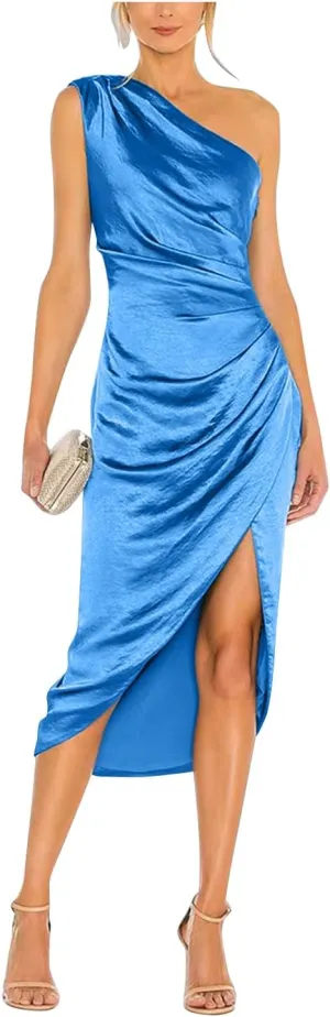 Women's Satin Formal Evening Dresses One Shoulder Wedding Guest Dress Ruched Midi Cocktail Gown with Slit RDX-FE1007
