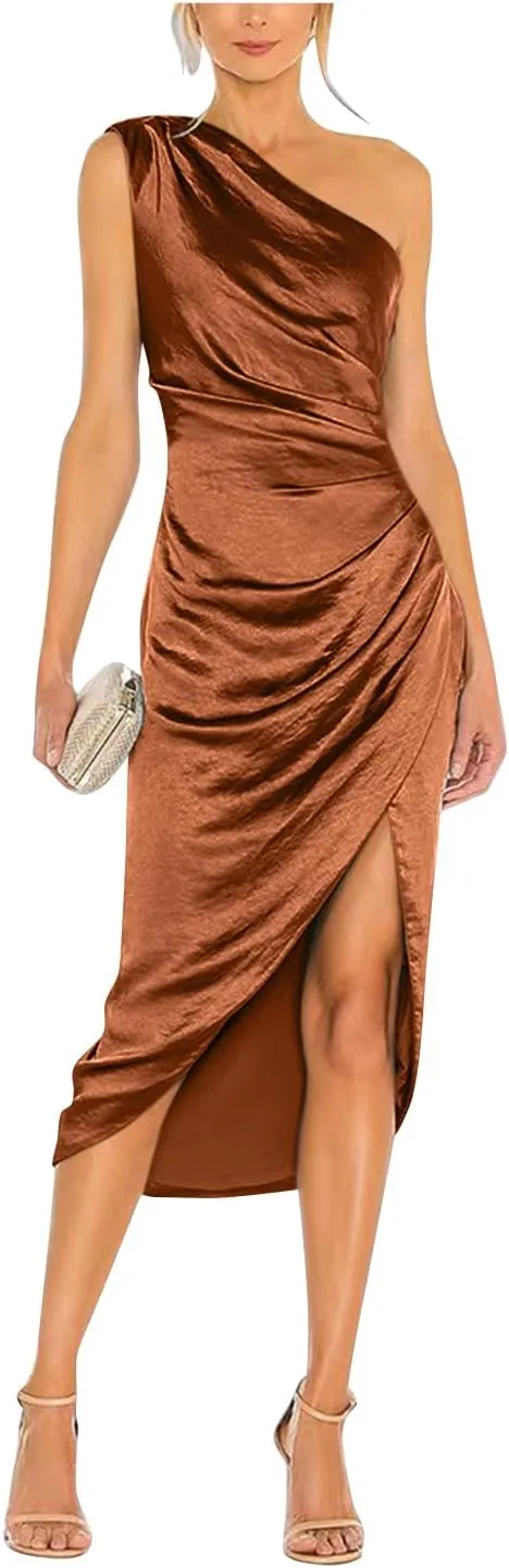 Women's Satin Formal Evening Dresses One Shoulder Wedding Guest Dress Ruched Midi Cocktail Gown with Slit RDX-FE1007