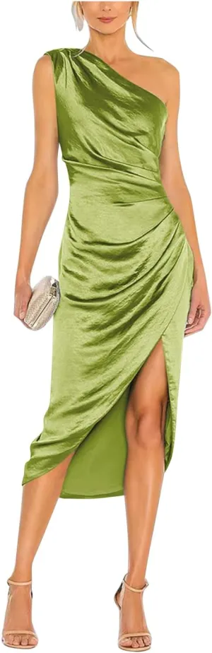 Women's Satin Formal Evening Dresses One Shoulder Wedding Guest Dress Ruched Midi Cocktail Gown with Slit Size 12 Olive Green