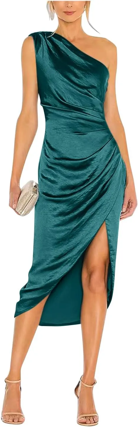 Women's Satin Formal Evening Dresses One Shoulder Wedding Guest Dress Ruched Midi Cocktail Gown with Slit Size 14 Teal
