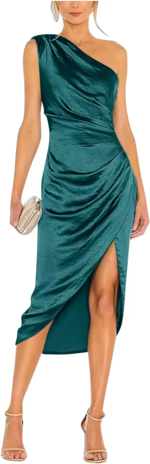 Women's Satin Formal Evening Dresses One Shoulder Wedding Guest Dress Ruched Midi Cocktail Gown with Slit Size 14 Teal