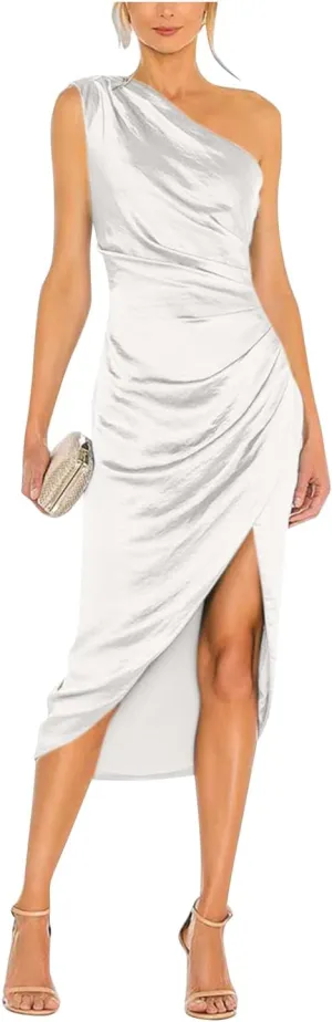 Women's Satin Formal Evening Dresses One Shoulder Wedding Guest Dress Ruched Midi Cocktail Gown with Slit Size 4 White