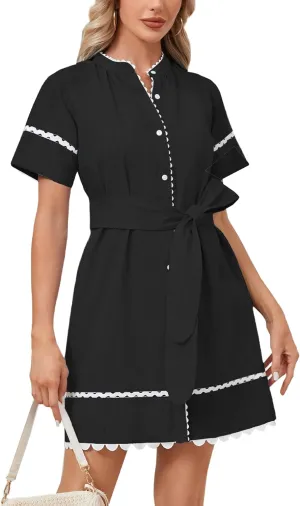 Women's Short Sleeve Summer Shirt Dress Button Down Belted Tunic Mini Dresses RIC Rac Trim Sundress with Pockets