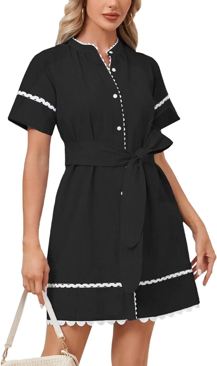Women's Short Sleeve Summer Shirt Dress Button Down Belted Tunic Mini Dresses RIC Rac Trim Sundress with Pockets