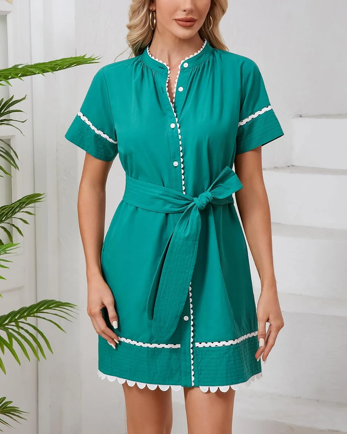 Women's Short Sleeve Summer Shirt Dress Button Down Belted Tunic Mini Dresses RIC Rac Trim Sundress with Pockets