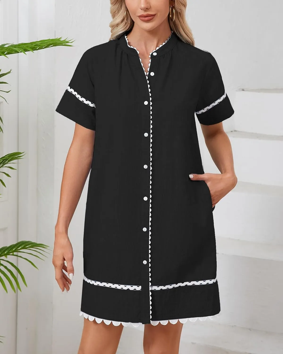 Women's Short Sleeve Summer Shirt Dress Button Down Belted Tunic Mini Dresses RIC Rac Trim Sundress with Pockets