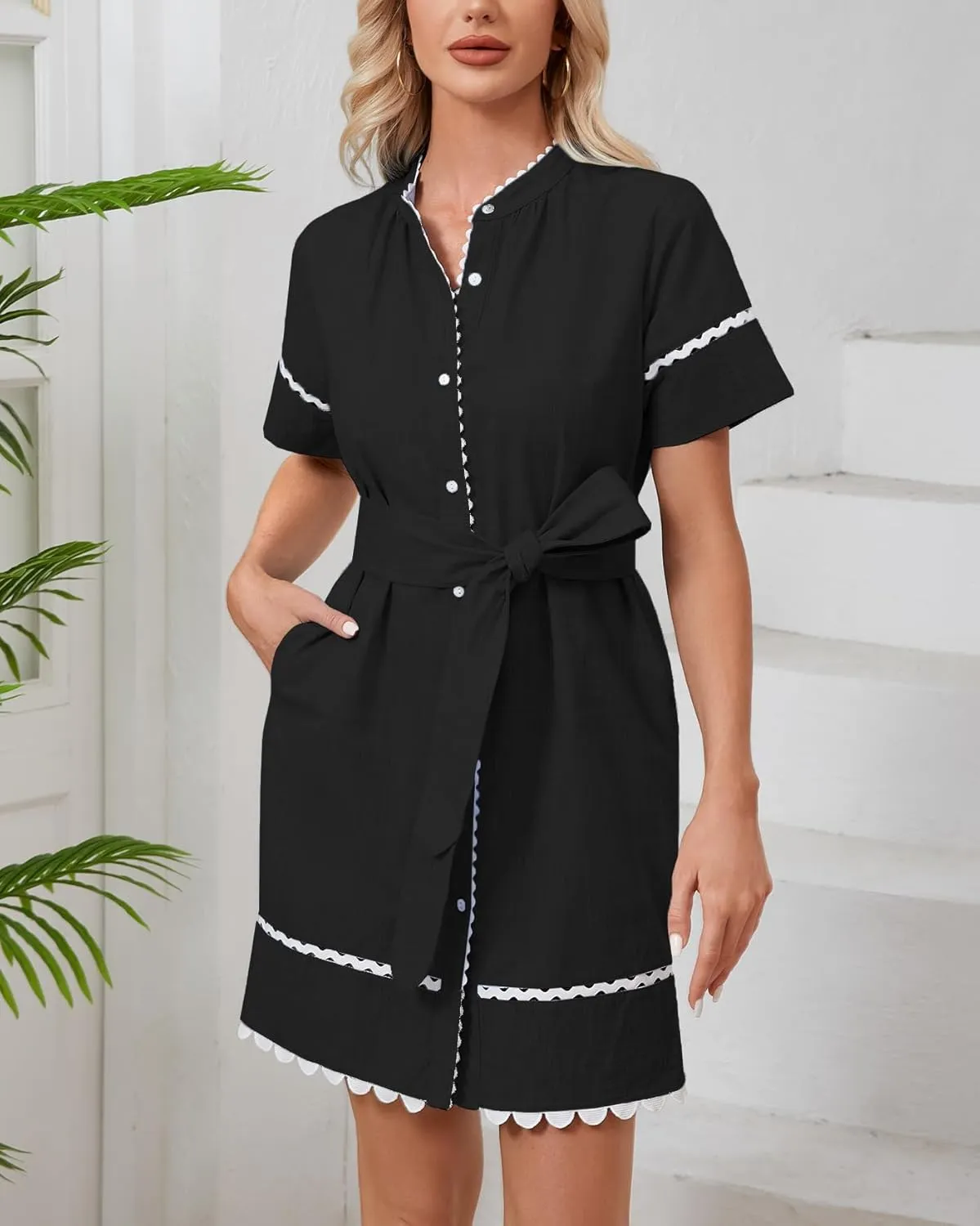 Women's Short Sleeve Summer Shirt Dress Button Down Belted Tunic Mini Dresses RIC Rac Trim Sundress with Pockets