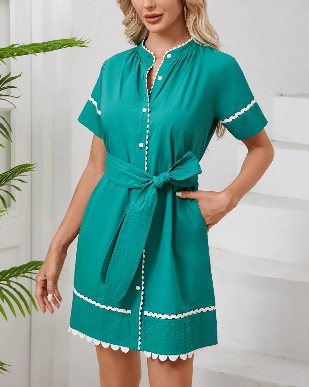 Women's Short Sleeve Summer Shirt Dress Button Down Belted Tunic Mini Dresses RIC Rac Trim Sundress with Pockets
