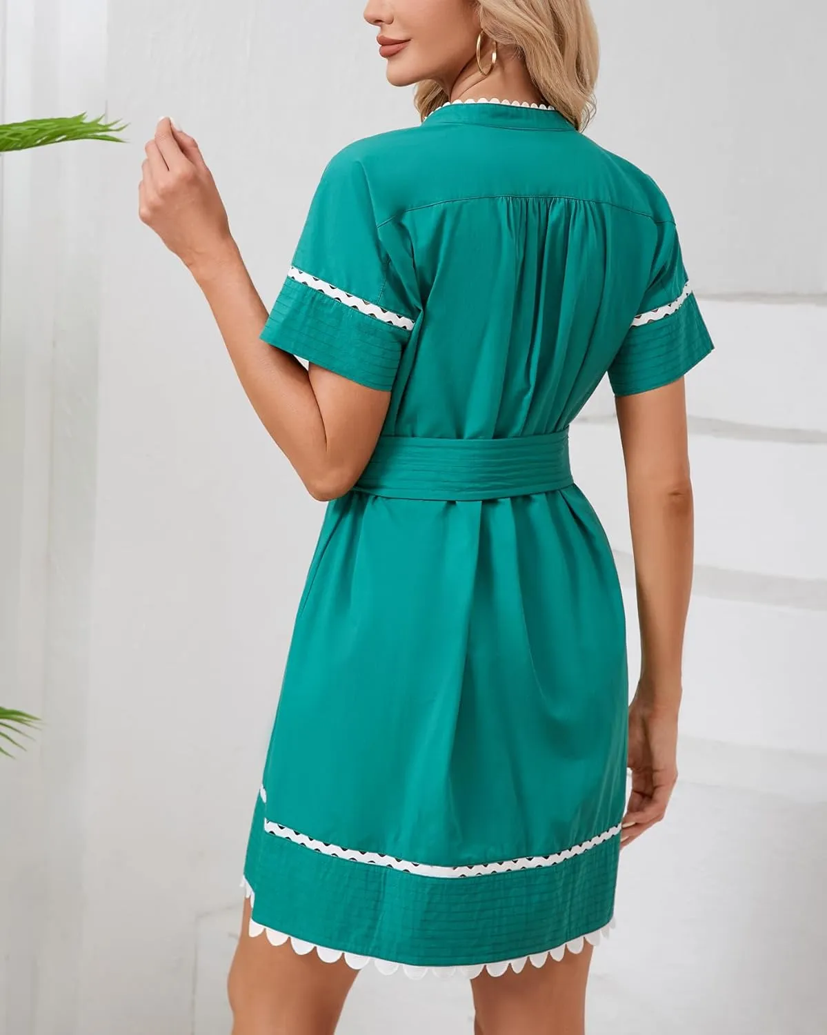 Women's Short Sleeve Summer Shirt Dress Button Down Belted Tunic Mini Dresses RIC Rac Trim Sundress with Pockets