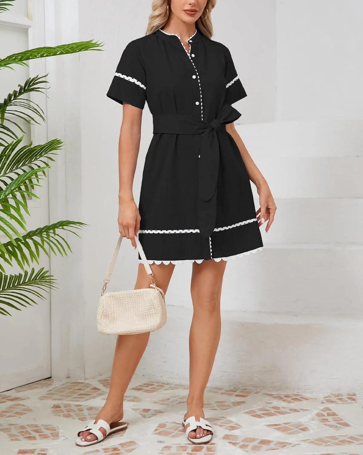 Women's Short Sleeve Summer Shirt Dress Button Down Belted Tunic Mini Dresses RIC Rac Trim Sundress with Pockets