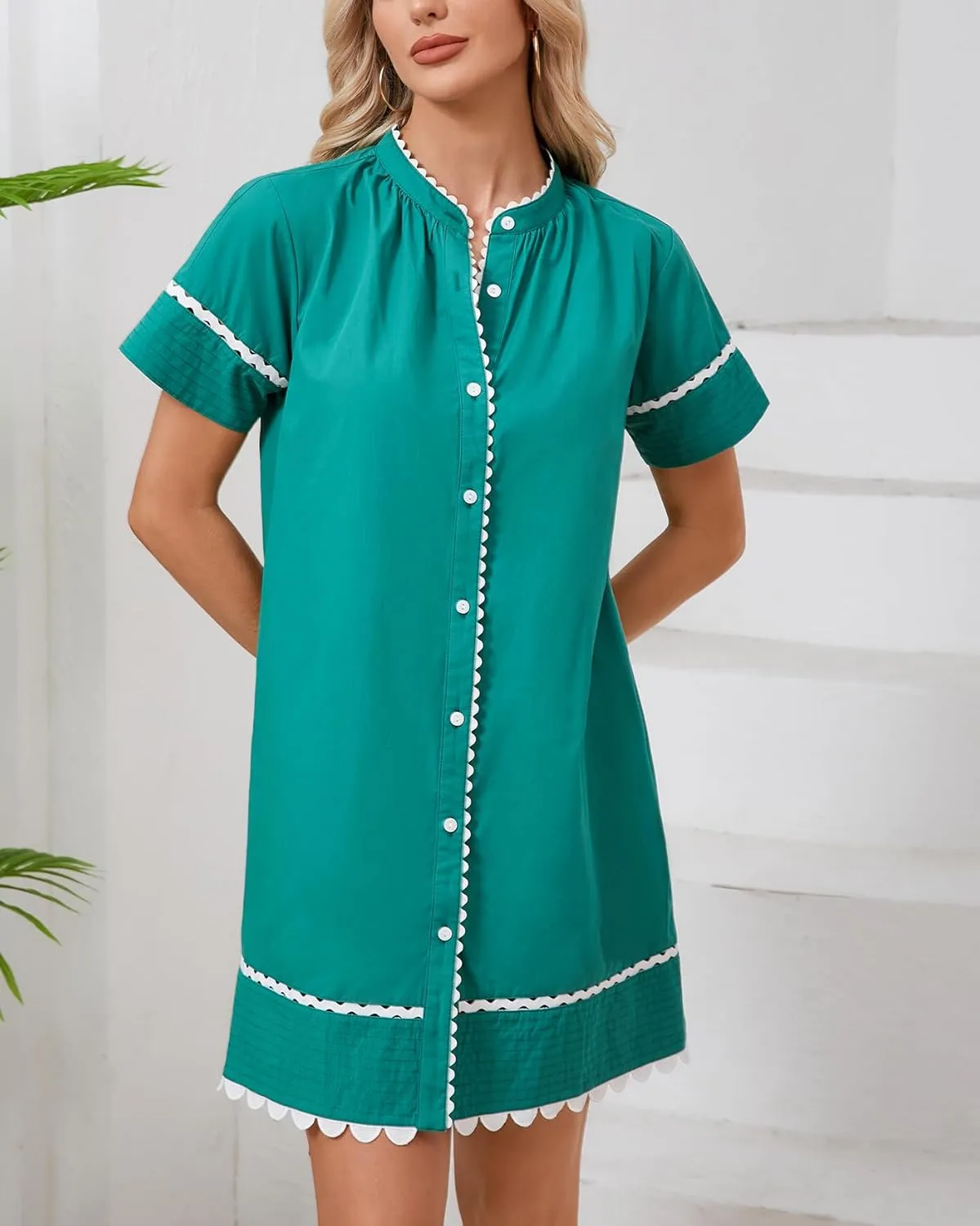 Women's Short Sleeve Summer Shirt Dress Button Down Belted Tunic Mini Dresses RIC Rac Trim Sundress with Pockets
