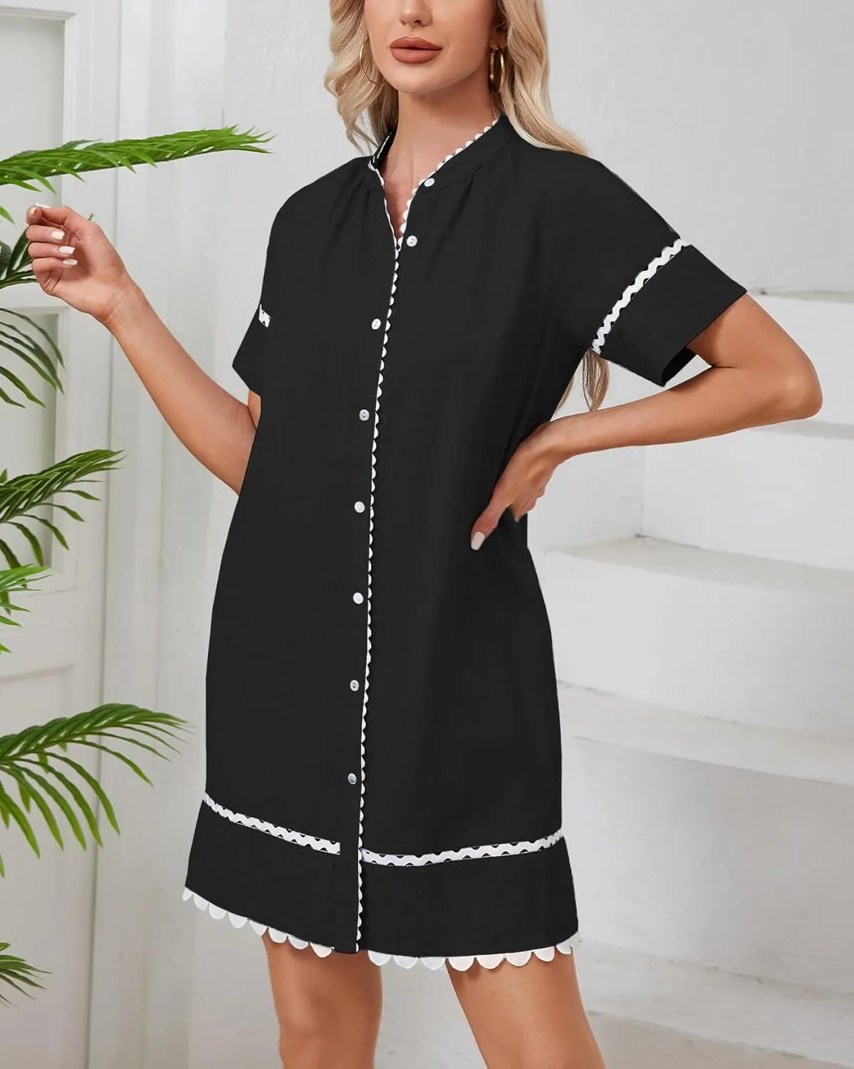 Women's Short Sleeve Summer Shirt Dress Button Down Belted Tunic Mini Dresses RIC Rac Trim Sundress with Pockets