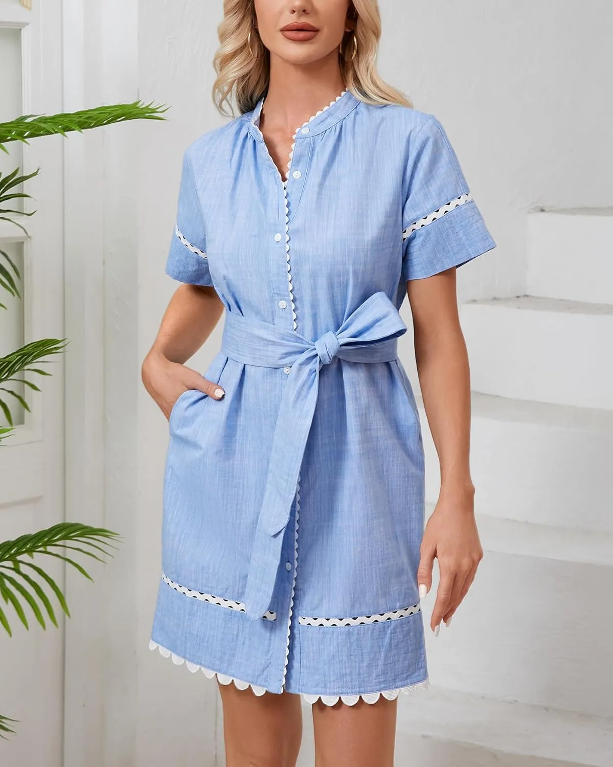 Women's Short Sleeve Summer Shirt Dress Button Down Belted Tunic Mini Dresses RIC Rac Trim Sundress with Pockets